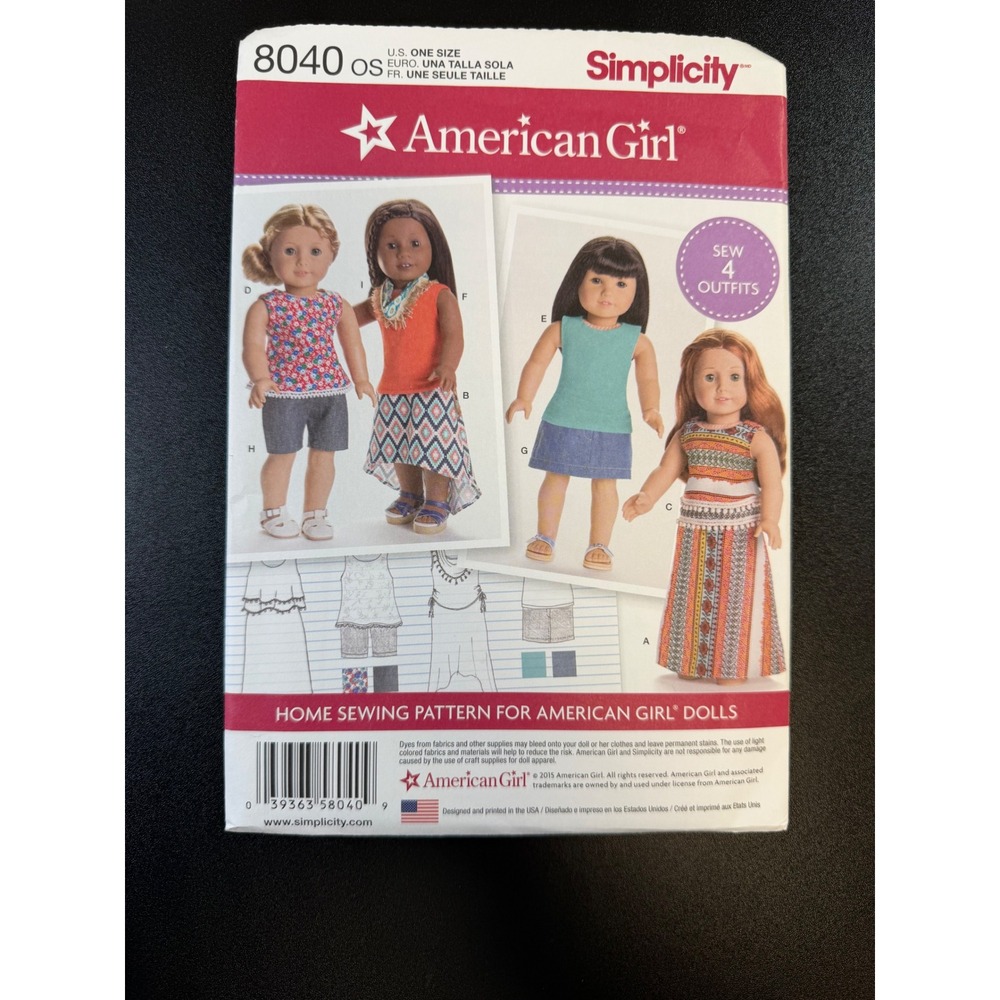Simplicity 8040 American Girl Doll Clothes Sewing Pattern 18 Inch Outfits K7